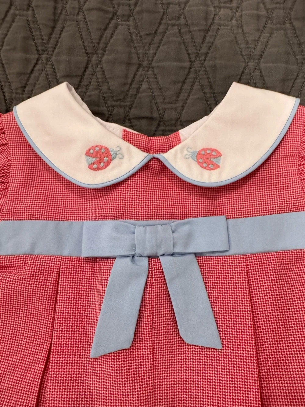 Red gingham Baby Girls' Bow Romper with Peter Pan Collar
